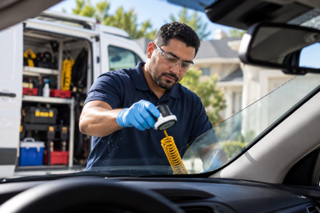 Mobile windshield technician navy polo driveway